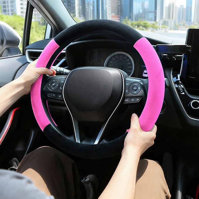 SEG Direct Steering Wheel Cover for Car, Standard Size 14.5-15 inch, Auto Interior Accessories, Warm Plush, Summer Winter, Black and Pink