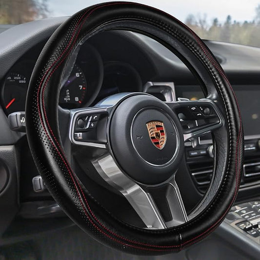 HAOKAY Top Grade Black Genuine Leather Steering Wheel Cover Women Men, Luxury Steering Wheel Cover for Cars, SUVS and Trucks, Universal 14.5-15 inch