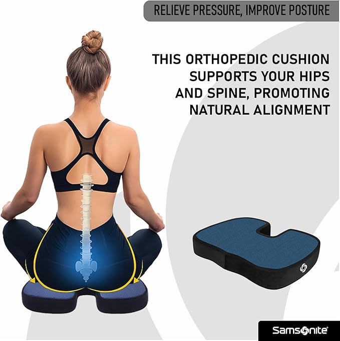 Samsonite Memory Foam Seat Cushion for Car & Office Chair – Tailbone Pain Relief, Cooling Pillow, Ergonomic Posture Corrector, Car Accessories & Home Office Essentials