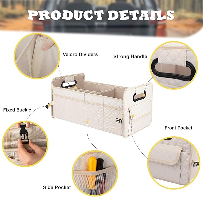 JiatuA Car Trunk Organizer for SUV, Car Storage Organizer Collapsible Multi Compartment Container Box, Adjustable Car Accessories for Women/Men, Large Beige