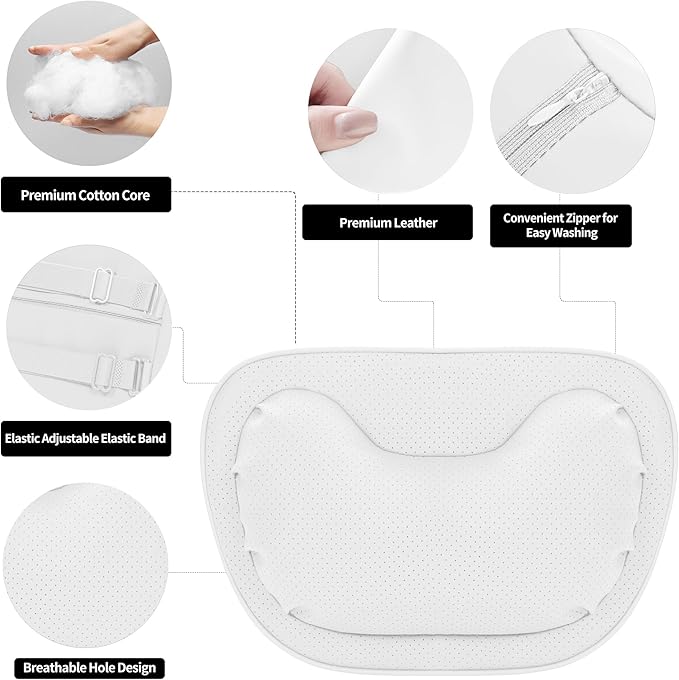 Car Neck Pillow [No More Pressure] Soft Comfortable Premium Leather Headrest with Adjustable Strap – Ergonomic Support for Driving, Office & Gaming, White, 1 Pack