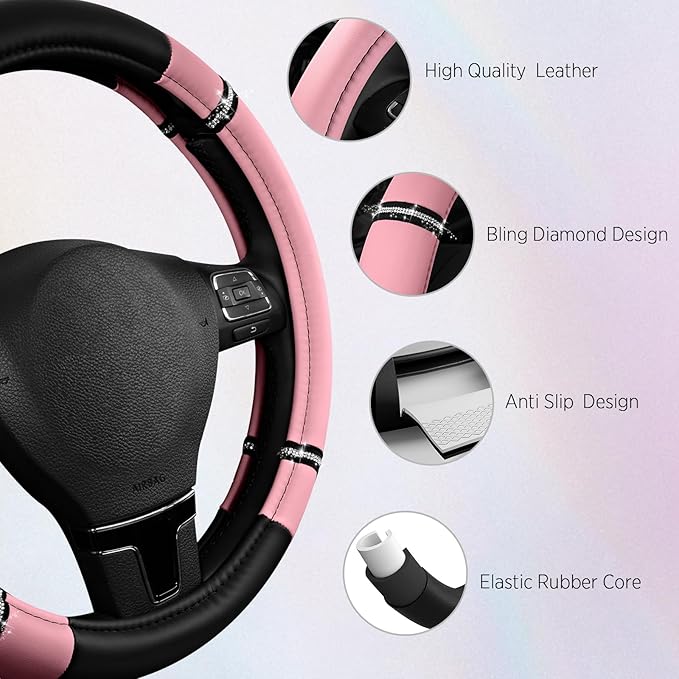 Road Comfort Leather Steering Wheel Cover – Premium Anti-Slip Car Steering Wheel Grip Cover – Universal Fit for 14.5”–15.5” Cars, Trucks & SUVs - Pink