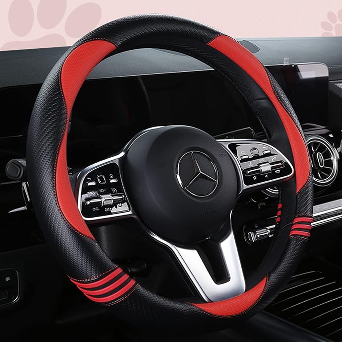 Car Steering Wheel Covers for Women Padded Carbon Fiber PU Leather Cute Auto Interior Accessories for Vehicle, Sedan, Universal, Anti Slip, Red, Standard Size, 14.75-15.15in