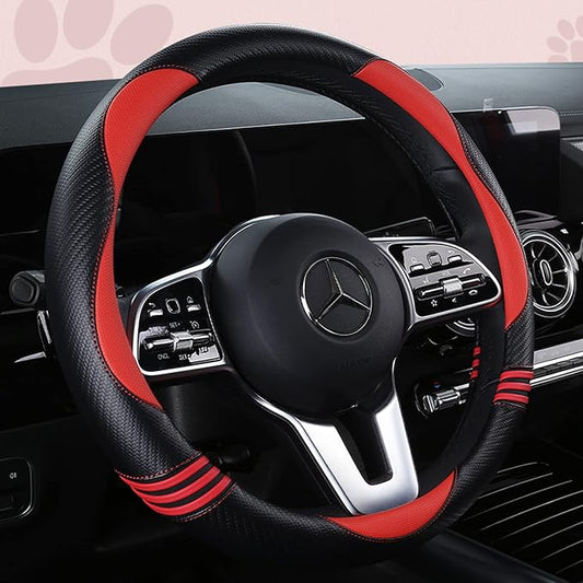 Car Steering Wheel Covers for Women Girl Padded Carbon Fiber PU Leather Cute Cartoon Auto Interior Accessories for Jeep, Truck, Universal, Anti Slip, Red, Large Size, 15.2-16in