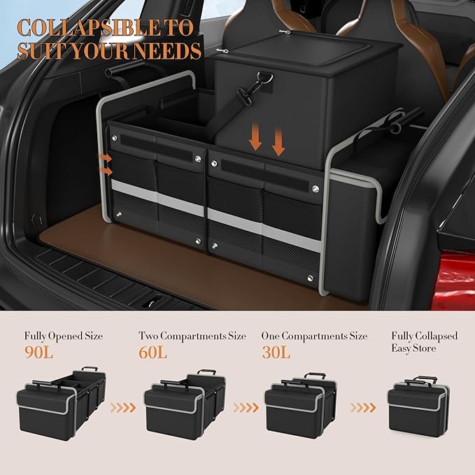 Large Trunk Organizer for SUV with Premium Portable Cooler Bag, Car Organizers and Storage with Foldable Cover, Collapsible Car Trunk Bed Organizer for Truck, 2 Retractable Straps, 90L+20L, Black-C