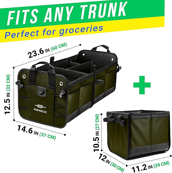 Heavy Duty 3-Section Trunk Organizer – Extra Large Collapsible & Foldable Cargo Box, Modular Car Storage System for SUV, Truck, Van – Green