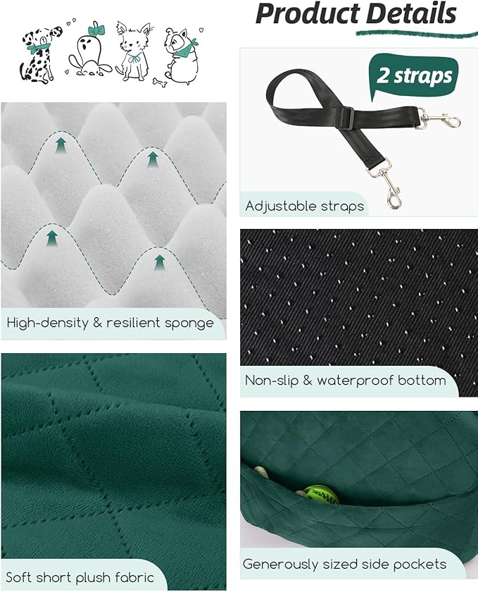 Dog Booster Car Seat for Small/Medium Dogs,6in Elevated Cushion,Fully Detachable and Washable,2 Storage Pockets & 3 Straps,Fits in Front/Back Seat,Easy to Install (Green,Medium)