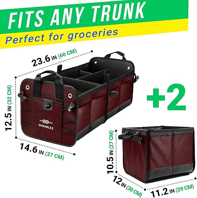 4-Section Trunk Organizer for SUV, Truck, Van, Sedan – Modular Extra Large Cargo Bin, Detachable Car Trunk Storage with Dividers, Collapsible Auto Organization System – Cherry