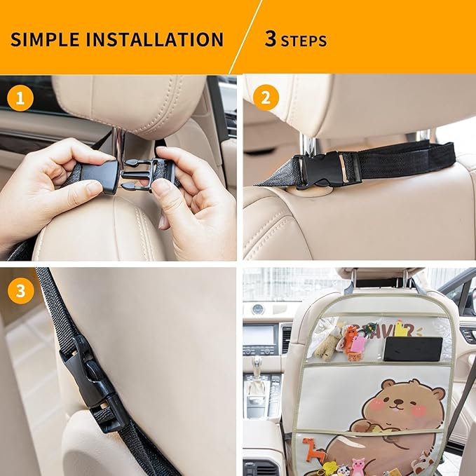 2-Pack kids Leather Car Backseat Organizer with Foldable Table Tray, Car Storage Organizer with Tablet Holder, Car Seat Back Protectors Kick Mats, Travel Accessories (Beaver)