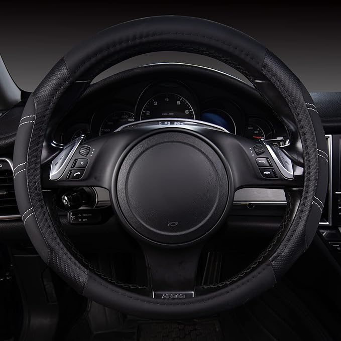 CAR PASS Line Rider Microfiber Leather Sporty 14.5-15 inch Steering Wheel Cover Universal Fits for 95% Truck,SUV,Cars, Anti-Slip Safety Comfortable Design (Black Carbon Fiber)