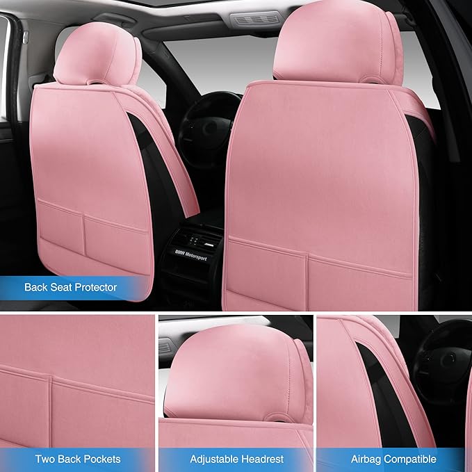 AOOG Fuzzy Car Seat Covers, Heated Bench Back Cushion Protector for Cars SUV Trucks(Full Set,Pink)