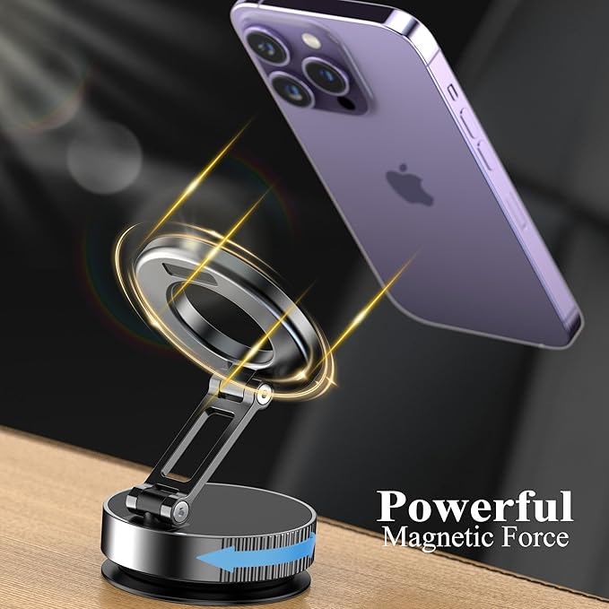 Vacuum Magnetic Phone Holder for Car,Full Metal Body,Vacuum Suction Phone Mount,Magsafe Car Mount for iPhone, Folding Holder for iPhone and Android