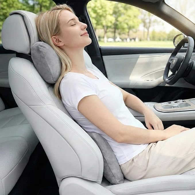 2PCS Car Pillow for Car Neck Pillow for Driving Seat Lumbar Support Soft Cushion with Extra Filling Accessories Back Support for Travel Nap and Trips Sleeping (Grey, Head and Lumbar)