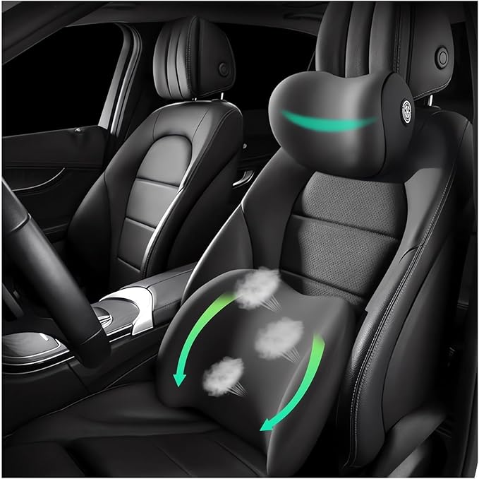Car Headrest & Lumbar Support Cushion Ergonomic Car Seat Neck Back Rest Pillows Orthopedic Memory Foam Head Rest and Lower Lumbar Support Pillow Set Backrest Driving Seat Office Chair Support (Black)