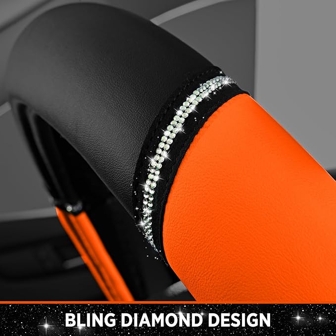 Road Comforts Leather Steering Wheel Cover - Made with PVC Leather - Anti-Slip, Universal Fit 14 1/2 inches to 15 inches - Orange