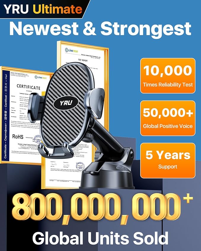 YRU Upgraded Universal Car Phone Holder Mount【360°Rotatable & Strong Suction】 Cell Phone Car Dashboard Windshield Phone Holder Dash Vent Stand for iPhone 17 16 Pro Max Samsung Truck, Graphite Black