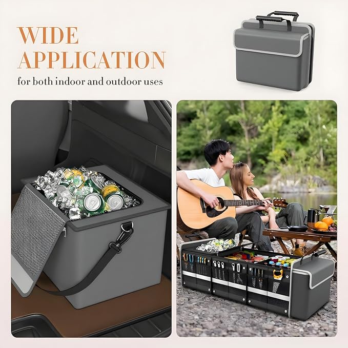 Large Trunk Organizer for SUV with Premium Portable Cooler Bag, Car Organizers and Storage with Foldable Cover, Collapsible Car Trunk Organizer for Truck, Adjustable Securing Straps, 90L+20L, Gray-C