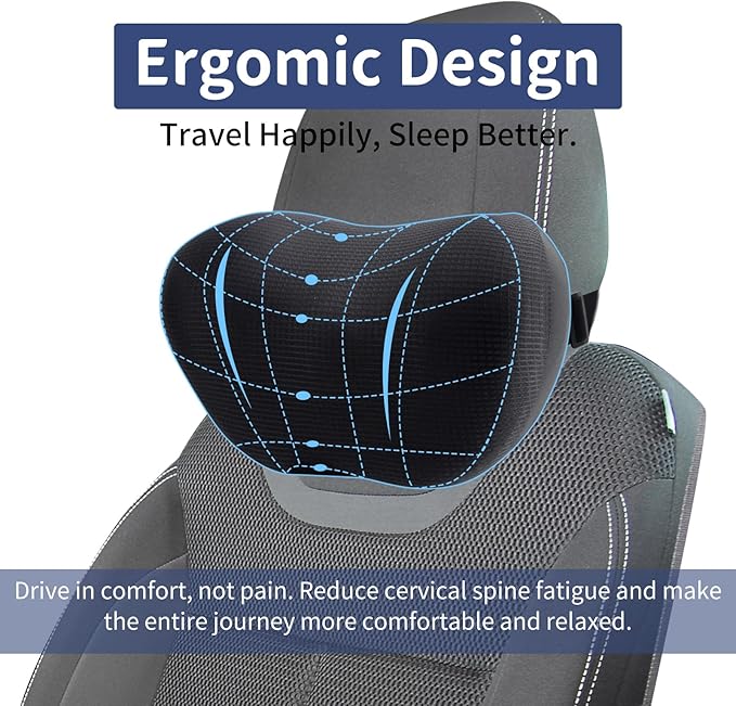 2 Pack Car Headrest Pillow, Comfy Head Rest Pillow for Car, 100% Memory Foam Car Neck Pillow for Driving - Universal Fit Travel Car Pillow for Pain Relief While Driving(Comes with 2 Eye Masks)