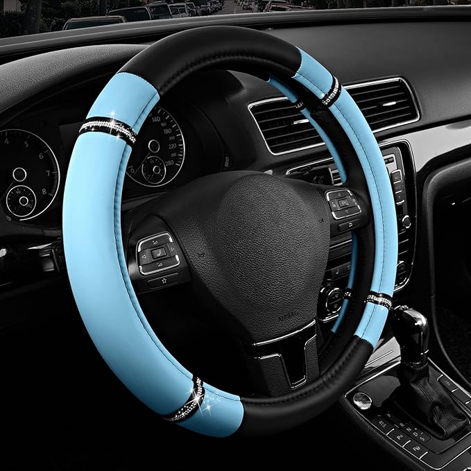 Road Comfort Leather Steering Wheel Cover – Premium Anti-Slip Car Steering Wheel Grip Cover – Universal Fit for 14.5”–15.5” Cars, Trucks & SUVs - Blue