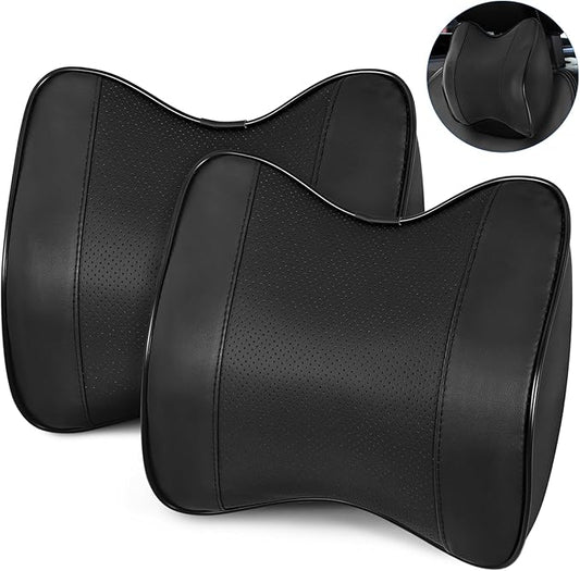 2 Pack Car Neck Pillow, Softness Leather Car Headrest Pillow, 100% Memory Foam and Breathable Removable Cover, Neck Support Head Pillow for Ergonomic Design (Black)