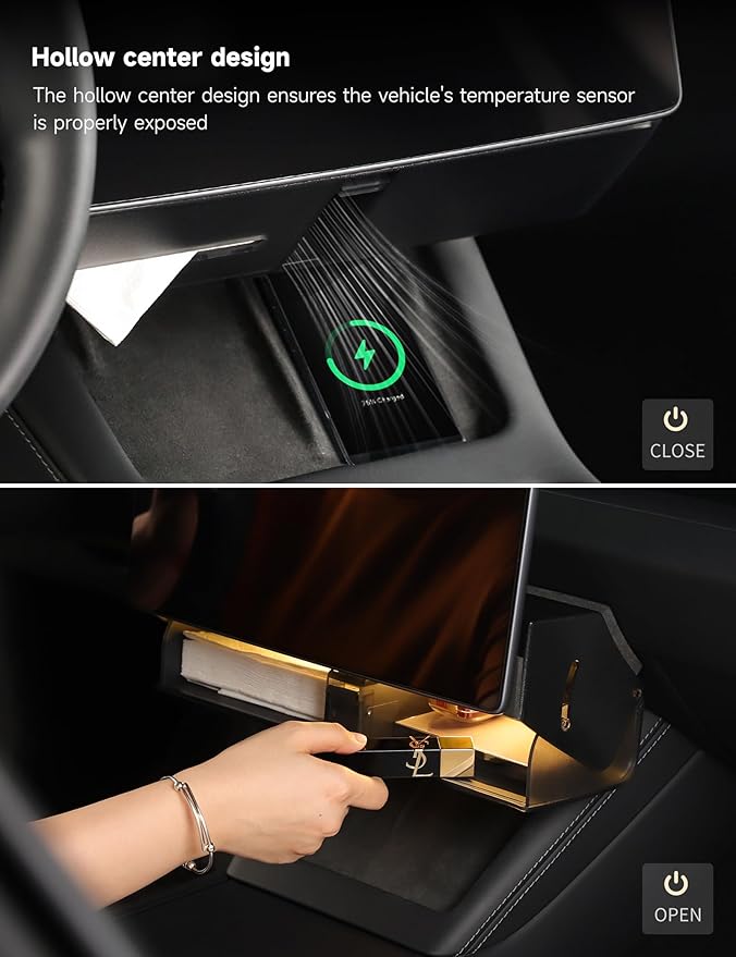 TPARTS Hidden Magnetic (Under Screen) Storage Box for Tesla Model 3 Highland 2024+/Model Y Juniper 2025+, Open-Close Design Console Organizer Dashboard Tissue Holder with Smart Warm White Light