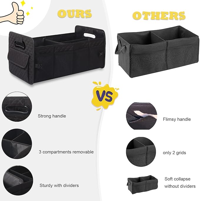 JiatuA Car Trunk Organizer for SUV, Car Storage Organizer Collapsible Multi Compartment Container Box, Adjustable Car Accessories for Women/Men, Black