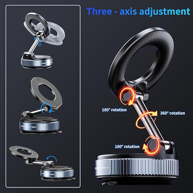 360° Adjustable Vacuum Magnetic Phone Holder [ 96+LBS Suction & 2800gf Magnetic ], Foldable Suction Cup Magnetic Phone Mount for Car, Car Phone Holder for iPhone 17/16/15/14/13/12 Series