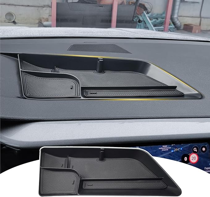 Dashboard Organizer Compatible with Volkswagen Taos 2022 2023 2024 Interior Accessories, 2022-2024 Taos Dash Insert Compartment Mounted Tray Sunglasses Tissue Holder with Rubber Mat, Black ABS