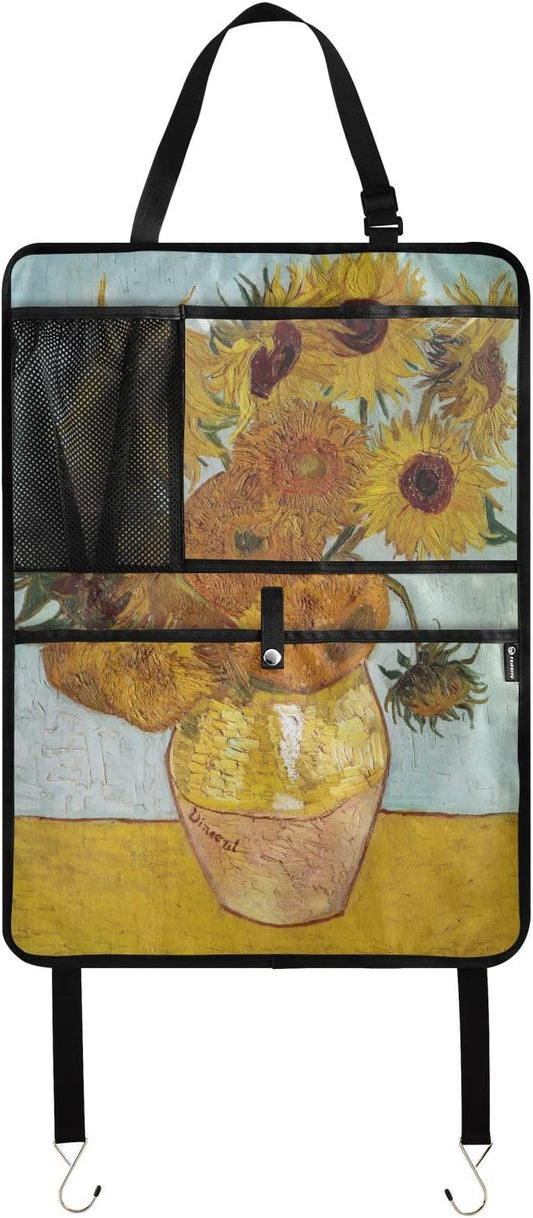 Automotive Seat Back Organizers Car Seat Organizer Waterproof Car Back Storage Kick Mat, Backseat Car Organizer with Pockets,Car Seat Protector Fit All 1Pcs Vangogh Sunflower Yellow