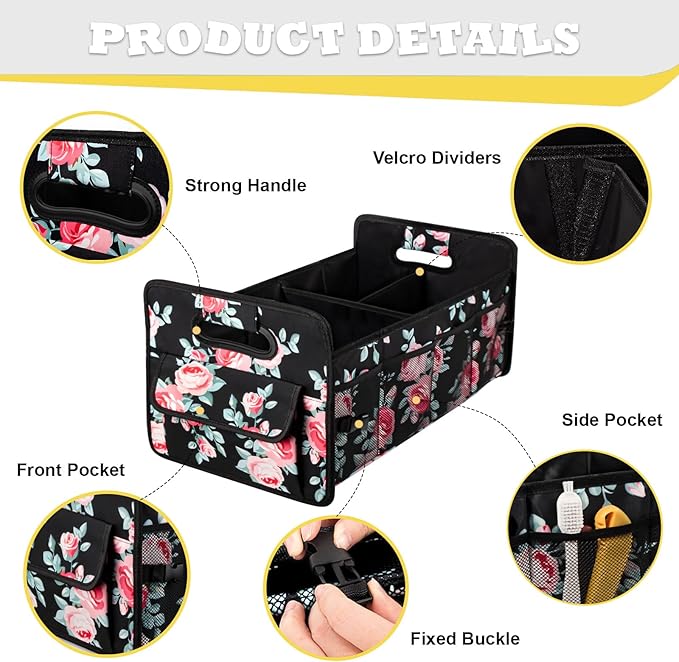 JiatuA Car Trunk Organizers and Storage Collapsible Multi Compartment Container Box, Adjustable Car Accessories for SUV Sedan Truck, Standard Size, Black Floral