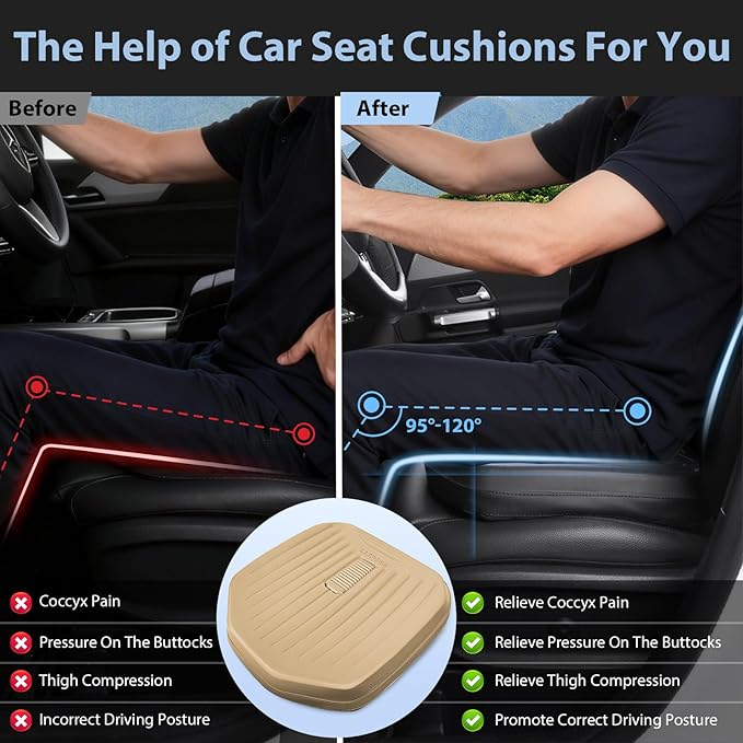 CAR PASS Premium Leather Car Seat Cushion, Comfort Memory Foam Driver Seat Cushion for Long Driving, Waterproof Non-Slip Seat Cushions for Cars, Truck, SUV, Office Chairs, Stadium, Beige
