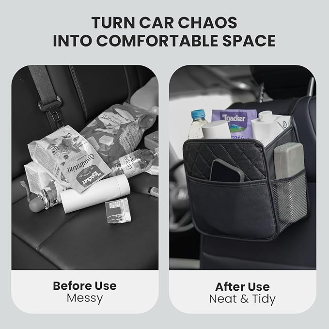 Backseat Car Organizer, PU Leather Car Storage with 2 Mesh Pockets, 9.8" x 9.8" x 5.5", Foldable & Universal, For Car, Truck, SUV