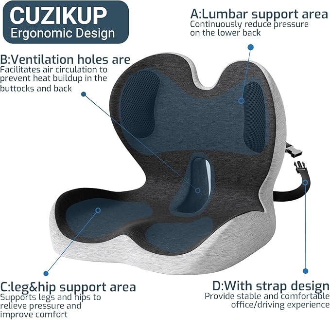 Office Chair Cushions with Lumbar Support Pillow, Soothe Back and Seat Cushion Memory Foam, Non Slip Adjustable Strap for Lower Back Pain Sciatica Relief Office Workers Car Drivers (Black+Light Gray)