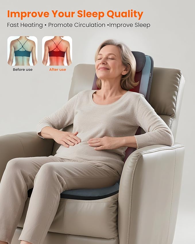 COMFIER Shiatsu Back Massager Chair Pad with Heat, Deep Tissue Massage Seat Pad for Neck and Back, Foldable Full Back Massager Chair Cushion with Adjustable Height & Vibration Seat