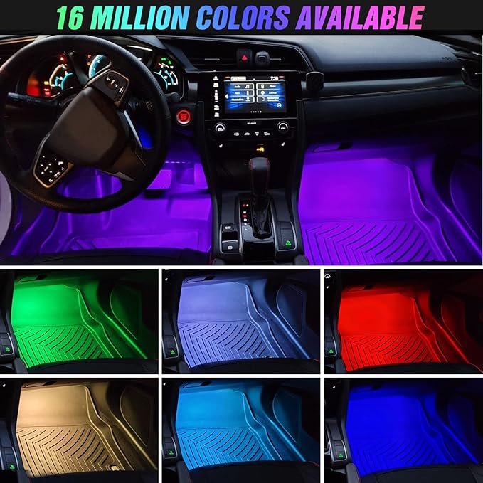 Nilight 4PCS USB Interior Car Lights 48 LEDs RGB LED Strips Lights with App Control Music Sound Active Mode Under Dash Footwell Ambient Lights 2 Line Design for Car Truck ATV UTV, 2 Years Warranty