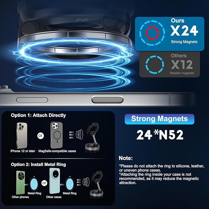 Vacuum Magnetic Suction Phone Holder, Foldable and Retractable Hands-Free Suction Cup Phone Mount for Car/Gym/Mirror/Smooth Surface, Compatible with iPhone & Android (Gel Suction Cup Black)