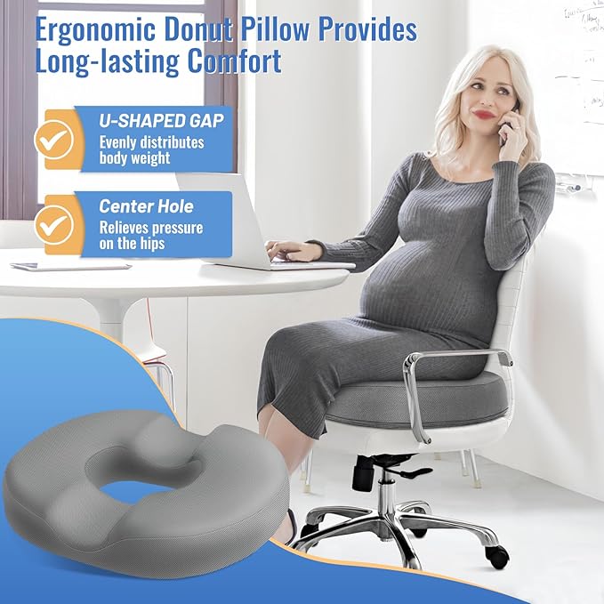 CloudBliss Donut Pillow Seat Cushion Chair Pad for Tailbone Pain Relief and Hemorrhoids, Memory Foam Seat Chair Cushion for Men and Women for Home & Office, (Light Grey-2XL)