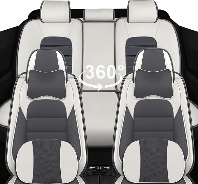 5 Car Seat Covers for Chrysler Pacifica 2004-2026 Breathable Leather,Waterproof Car Seat Protectors with Comfort Headrest Pillows,Automotive Vehicle Cushion with Storage Pockets (Luxury,Gray)