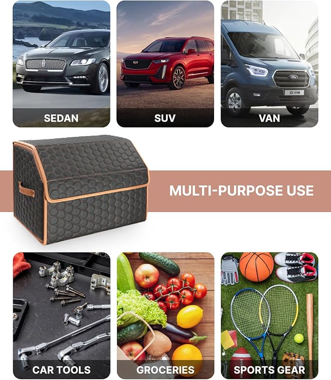 Owleys Sedan Trunk Organizer 17.7" Storage Tote For Groceries, Tools & Travel Gear - Foldable Eco-Leather Car Crate With Magnetic Lid | Stylish Presents For Drivers | Black-Brown (Hexy 17)