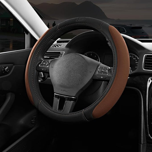 Skechers Steering Wheel Cover, Memory Foam Car Steering Wheel Cover,14.5-15inch Anti-Slip Safety Comfortable Desgin, Universal Accessory for Diverse Cars, Truck,SUV (Black &Brown)