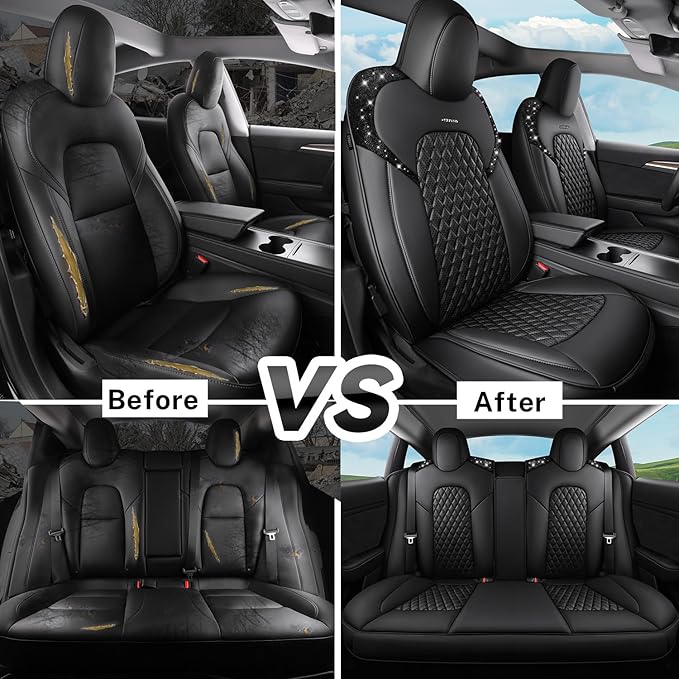 CAR PASS Car Seat Covers for Tesla Model 3 Nappa Leather Bling Diamond Car Seat Protector Full Coverage Airbag Compatible Custom Fit 2017 2018 2019 2020 2021 2022 2023 2024, Black Rhinestone Full Set