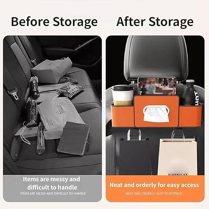 Car Organizer, 3-in-1 Backseat Car Organizer with Dual Cup Holders, Tissue Box & Phone Holder - Multifunctional Waterproof Storage for Daily Driving & Travel (Orange)