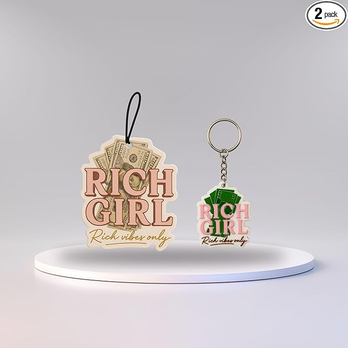 Inspirational Luxury Car Air Freshener & Keychain Bundle – 6-Piece “Essentials by Mery” Collection for Motivation & Positive Energy (Rich Girl – Strawberry)