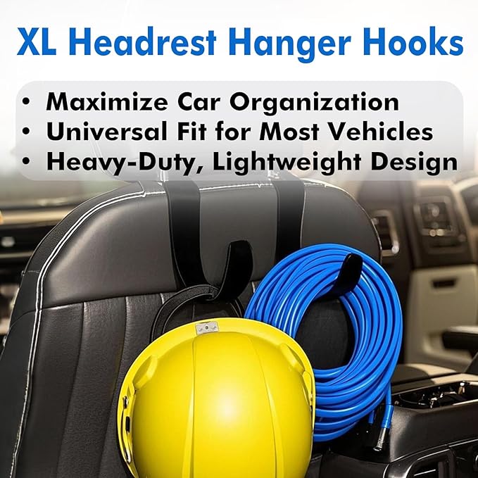 XL Hard Hat Holder for Truck, Heavy-Duty Headrest Hooks, Seat Back Organizer for Hard Hats, Bags & Gear, Universal Truck & Car Headrest Organizer, 2-Pack