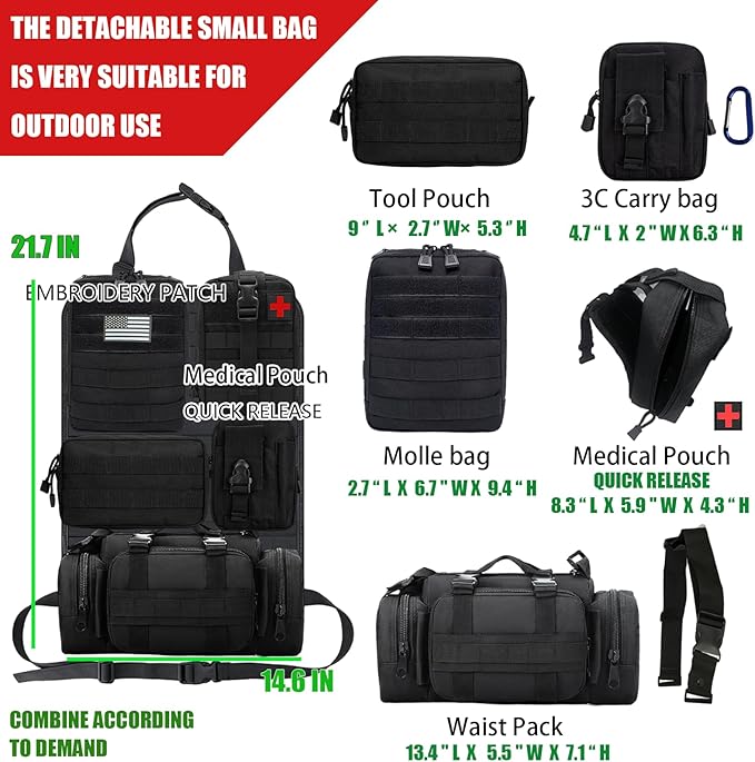 7 PACK Tactical Seat back organizer Truck organizer With 6 Detachable Pouches Universal For Car Truck Ford Jeep Military-Grade Heavier Panels With Multi-functional Packs (Army green)