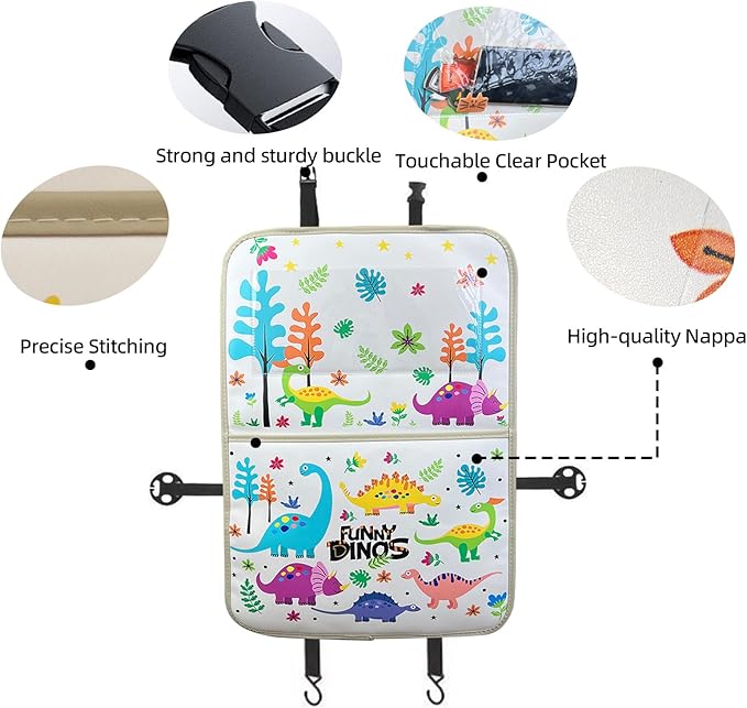 2-Pack kids Leather Car Backseat Organizer with Foldable Table Tray, Car Storage Organizer with Tablet Holder, Car Seat Back Protectors Kick Mats, Travel Accessories (Dinosaur)