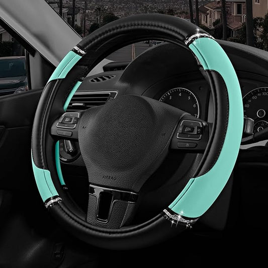 Road Comforts Leather Steering Wheel Cover - Made with PVC Leather - Anti-Slip, Universal Fit 14 1/2 inches to 15 inches - Mint