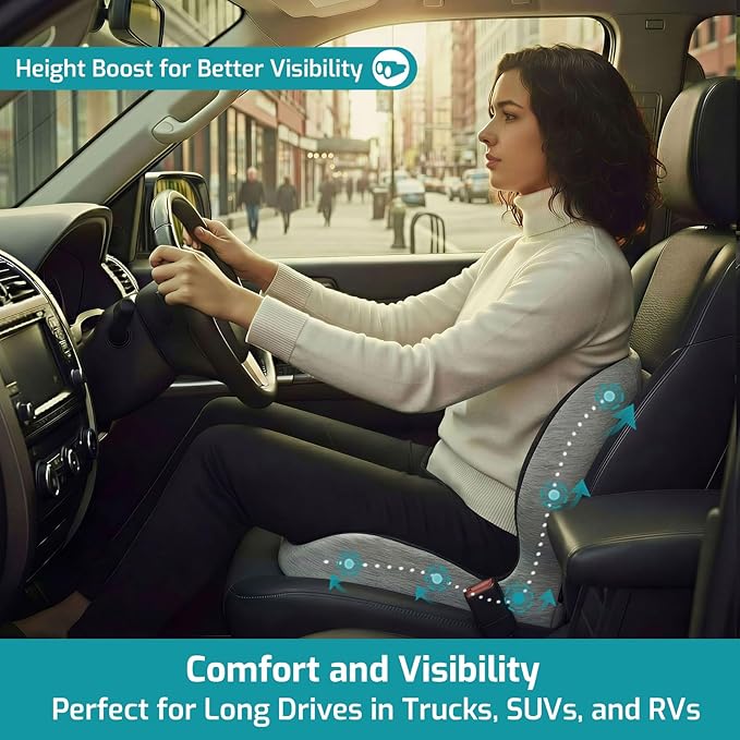 Trucker Seat Cushion, Car Seat Cushions with Lumbar Support Pillow, Ergonomic L-Shaped One Piece Memory Foam Pad for Long Driving Back Pain Sciatica Relief, Drivers Office Workers (Black+Light Gray)