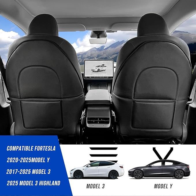 Automotive Seat Back Protector for Tesla Model 3/Y (2017-2025) - Waterproof Leather Kick Mat with Storage Pocket