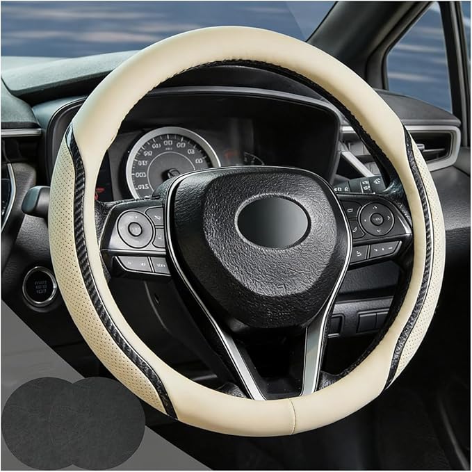 Car Steering Wheel Cover Beige, 14.5-15 inch Steering Wheel Covers with Coasters Microfiber Leather Carbon Fiber Breathable Anti-Slip Durable Universal Auto Steering Wheel Protective